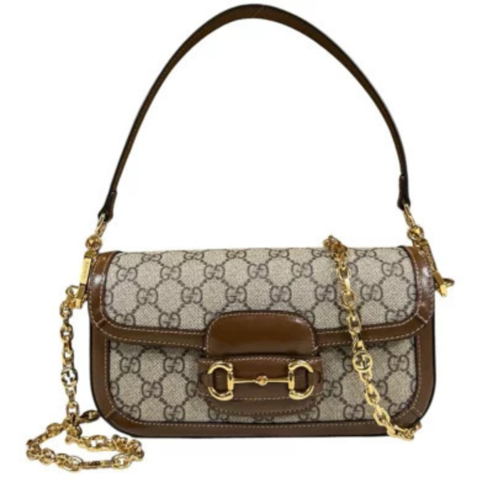 Gucci Horsebit Shoulder Bag GG Supreme Canvas Brown Chain